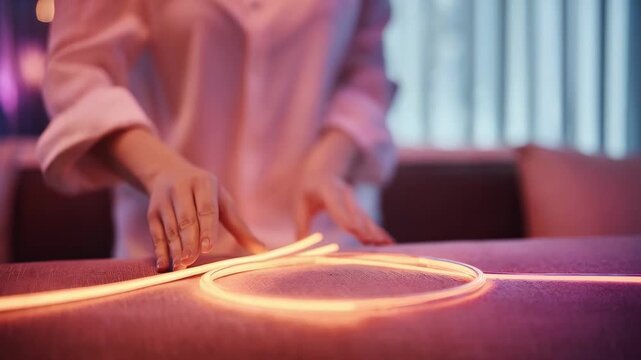 Closeup of hands customizing color and brightness on smart LED strips demonstrating flexible design and connectivity features for ambient room lighting.