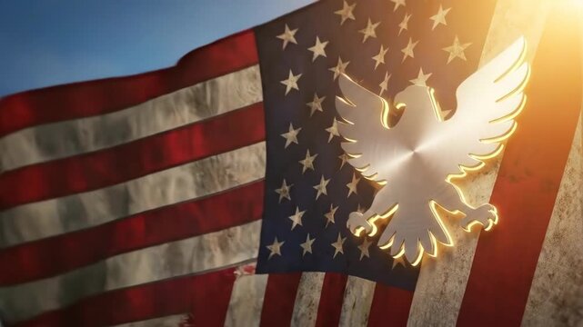 The american flag with a metal eagle emblem and the statue of liberty. American patriotism concept with national symbols during golden hour