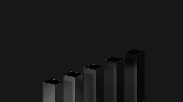 A black crypto-style coin with a star symbol sits atop a rising black bar chart on a minimal dark background representing growth or digital finance concepts