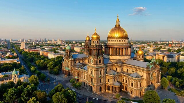 Aerial view of a grand cathedral with golden domes