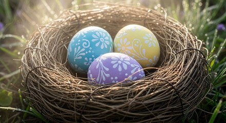 Obraz premium Easter eggs resting in a small nest of dry grass, delicate shell texture, morning mist, birdsong atmosphere implied, soft natural light, peaceful spring mood