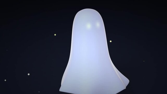 3D rendered ghost character with a smooth white sheet body and glowing eyes set against a dark star-filled background in a stylized minimal scene