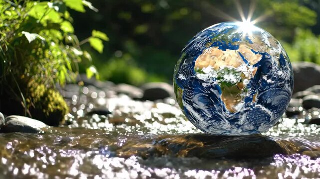 Reflective Earth sphere turning near flowing water for Earth Day. A reflective Earth sphere slowly turning near a gently flowing stream on Earth Day, capturing sunlight and water