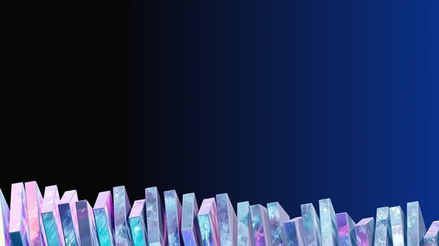 Stack of holographic domino blocks tipping over in sequence against a black to deep blue gradient background with reflections and futuristic design elements