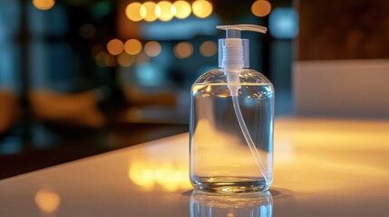 A clear bottle of hand sanitizer gel with a white pump dispenser sits on a reflective surface with blurred lights in the background