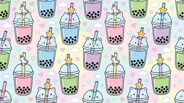 Colorful Boba Tea Delight: A whimsical array of vibrant boba tea cups in a repeating pattern. The delightful scene evokes joy, fun, and treats.