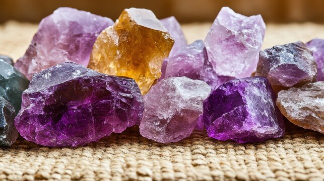 A close up collection of rough uncut purple amethyst and yellow citrine gemstones on a woven textured surface
