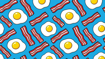 Naklejka premium Breakfast Delight Pattern: An appetizing pattern of fried eggs and crispy bacon strips in a vibrant, overhead composition.