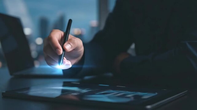Man analyzing digital data on tablet using a stylus. Businessperson reviewing financial report with visual graphs. Data analytics for strategic planning