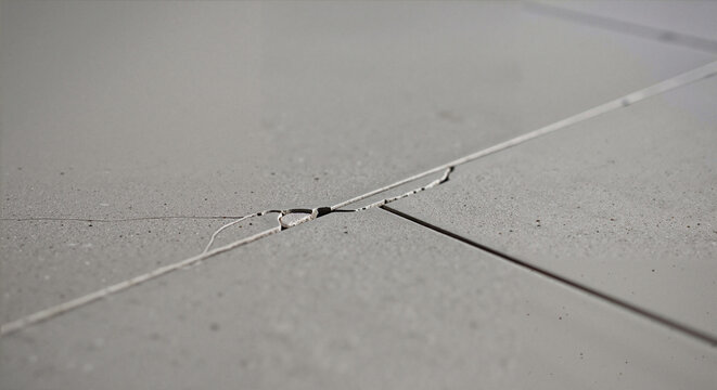 Hairline crack in ceramic tile on grey surface  