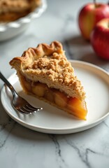 Slice of apple pie with crumble topping on white plate. Fork rests on the side next to baked pastry filled with fruit. Two red apples are visible in soft focus background.
