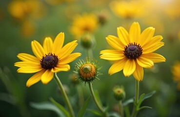 Obraz premium Two bright yellow prairie dock flowers bloom in field. Green stems and leaves surround blossoms. Budding plant grows nearby. Warm sunlight shines on nature scene.