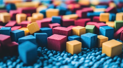 Fototapeta premium A colorful collection of simple wooden building blocks scattered on a textured surface for educational play and creative development