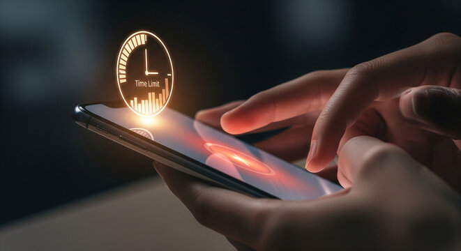 Hands holding smartphone with glowing time limit and graph icons