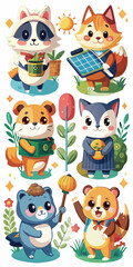 Obraz premium Kawaii Fox Raccoon Tiger Puppy Animals Holding Solar Panel Recycling Lantern Watercolor Illustration.