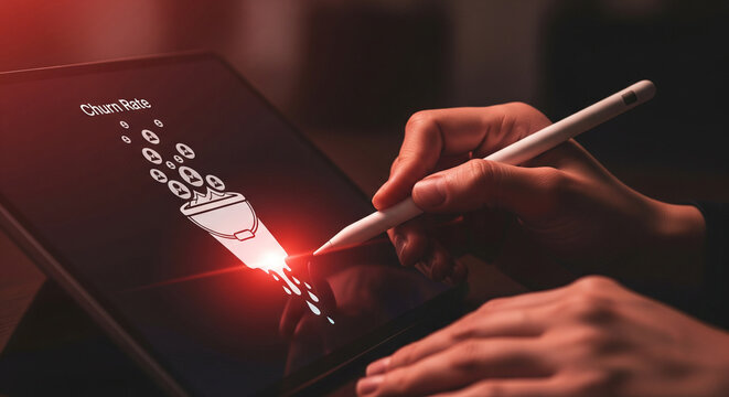 Businessman analyzing customer churn rate on tablet with stylus