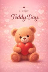 Cute Happy Teddy Day Greeting Card with Fluffy Teddy and Hearts