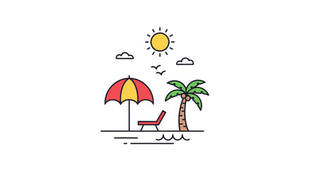 Simple line art illustration of a beach scene with umbrella and palm tree.