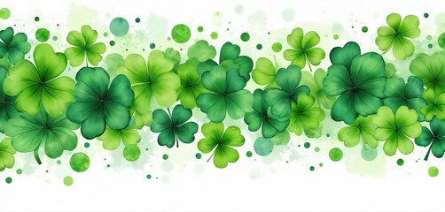 Watercolor shamrock leaves in various shades of green create festive banner. Abstract pattern features clover shapes with delicate splatters, circles, perfect for spring St. Patricks Day designs.