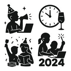 New year s eve celebration icons showing virtual parties clocks and festive moments high quality