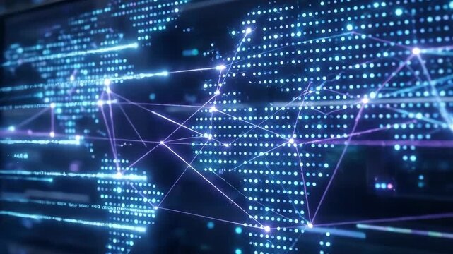 Digital world map on multiple screens showing global network connection and data transfer. Technology concept for worldwide communication and analytics