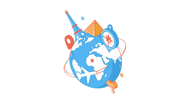 Globe with travel icons and landmarks around it.