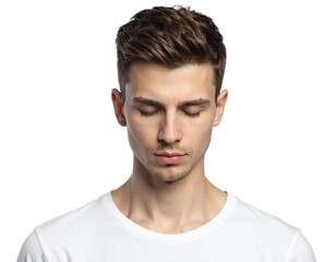 Obraz premium calm person with closed eyes isolated on white background