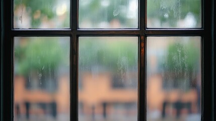 Fototapeta premium A gloomy view through a grimy window with blurred outdoor elements