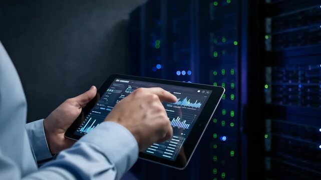 Man using tablet for data analysis in server room, digital charts and graphs on screen, concept of network administration and cloud computing
