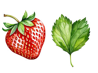 A picture of a single strawberry accompanied by a leaf, suitable for use in food or garden-themed contexts
