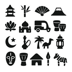 A collection of black silhouette icons depicting japanese culture landmarks and symbols high quality professional