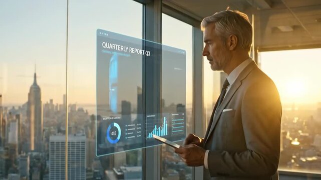 Caucasian man analyzing a quarterly report displayed on a transparent screen in a modern office with a city skyline view at sunset