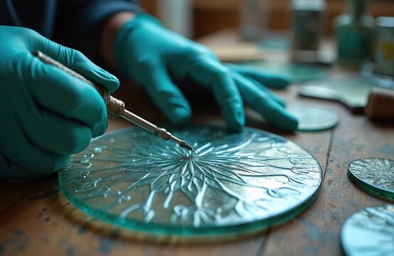 Artist with teal gloves carves intricate pattern on round glass disc with small tool. Other glass pieces and craft supplies rest on wooden table surface.