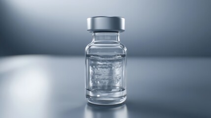 A photorealistic image of a clear glass vial containing a clear liquid sealed with a silver cap
