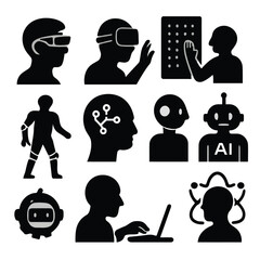 Black silhouettes depict futuristic technology including virtual reality robots and artificial intelligence high quality professional