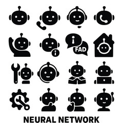 A collection of black robotic icons depicting various functions and features with a neural network label