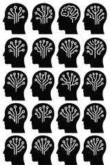 A grid of black silhouettes depicting human heads filled with circuit board patterns high quality