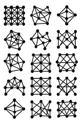 A grid of geometric shapes depicting various connected networks with nodes and lines high quality
