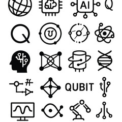 A collection of abstract minimalist icons representing science technology and futuristic concepts high quality professional
