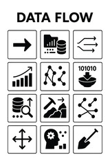 A visual depiction of data flow using various black icons within white bordered squares