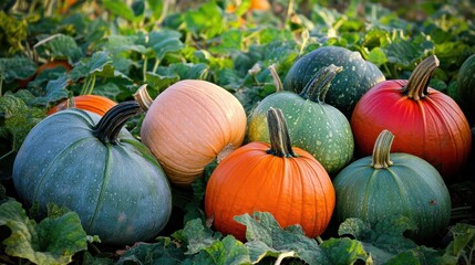 Obraz premium A bountiful harvest of ripe pumpkins and gourds in various colors nestled amongst green leaves