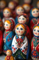 Fototapeta premium Group of traditional Ukrainian motanka dolls in colorful embroidered outfits. Handmade matryoshka dolls with painted faces are arranged closely together. This craft represents culture and heritage.