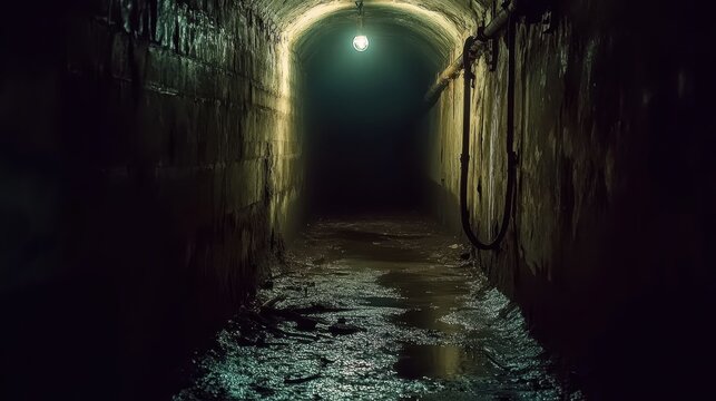 A dimly lit underground tunnel with a single light bulb illuminating a wet stone passage and hanging pipes