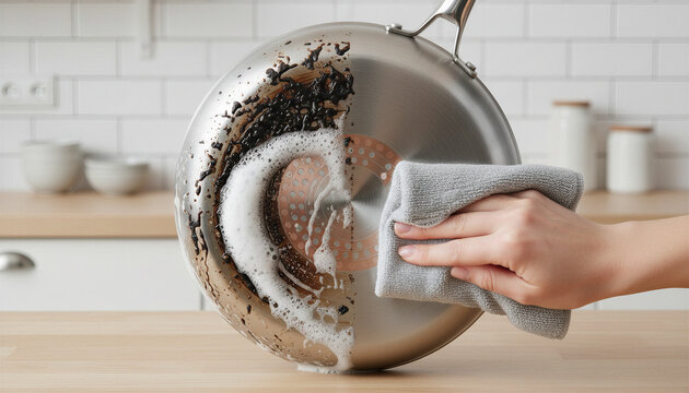 Removing stubborn burnt residue from cookware using cleaning detergent
