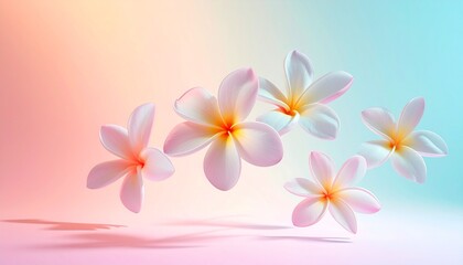 Fototapeta premium Beautiful pink and yellow plumeria frangipani blossoms float in tropical spa water and rest on a white surface, showcasing exotic floral beauty from a lush Bali garden