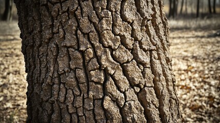 Fototapeta premium A detailed close up of the rough textured brown bark of a drought stricken tree trunk showcasing its natural cracked pattern