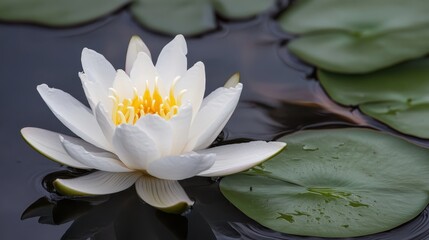A single perfect white water lily bloom with yellow center unfurling its petals on dark water surrounded by green lily pads