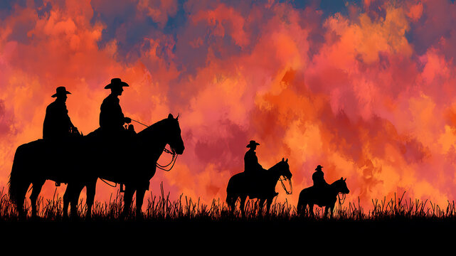 Four Horsemen of the West: Silhouettes Against a Fiery, Painted Sky