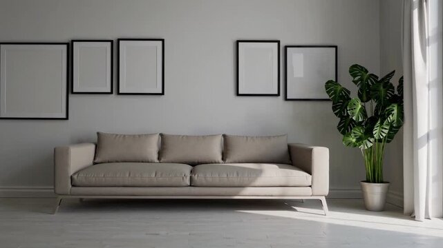 Modern living room with neutral sofa and empty frames against a light wall