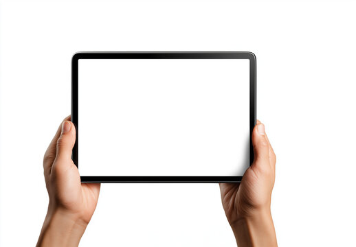 a hand holding an ipad pro with a blank screen, transparent background, png file,